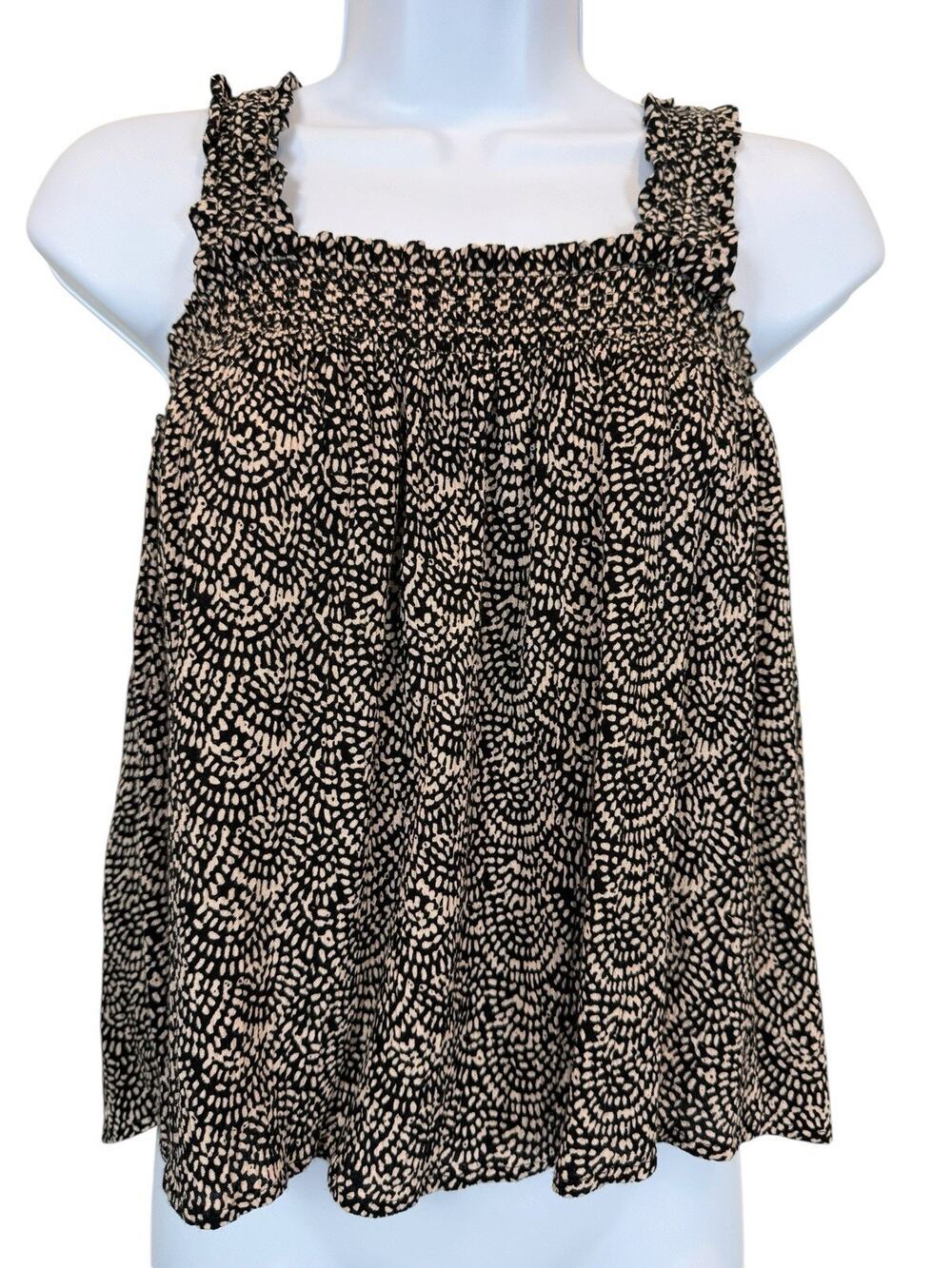 Bila 77 Top Women’s Small Black Cream Smocked Square Neck Tank Boho Rayon
